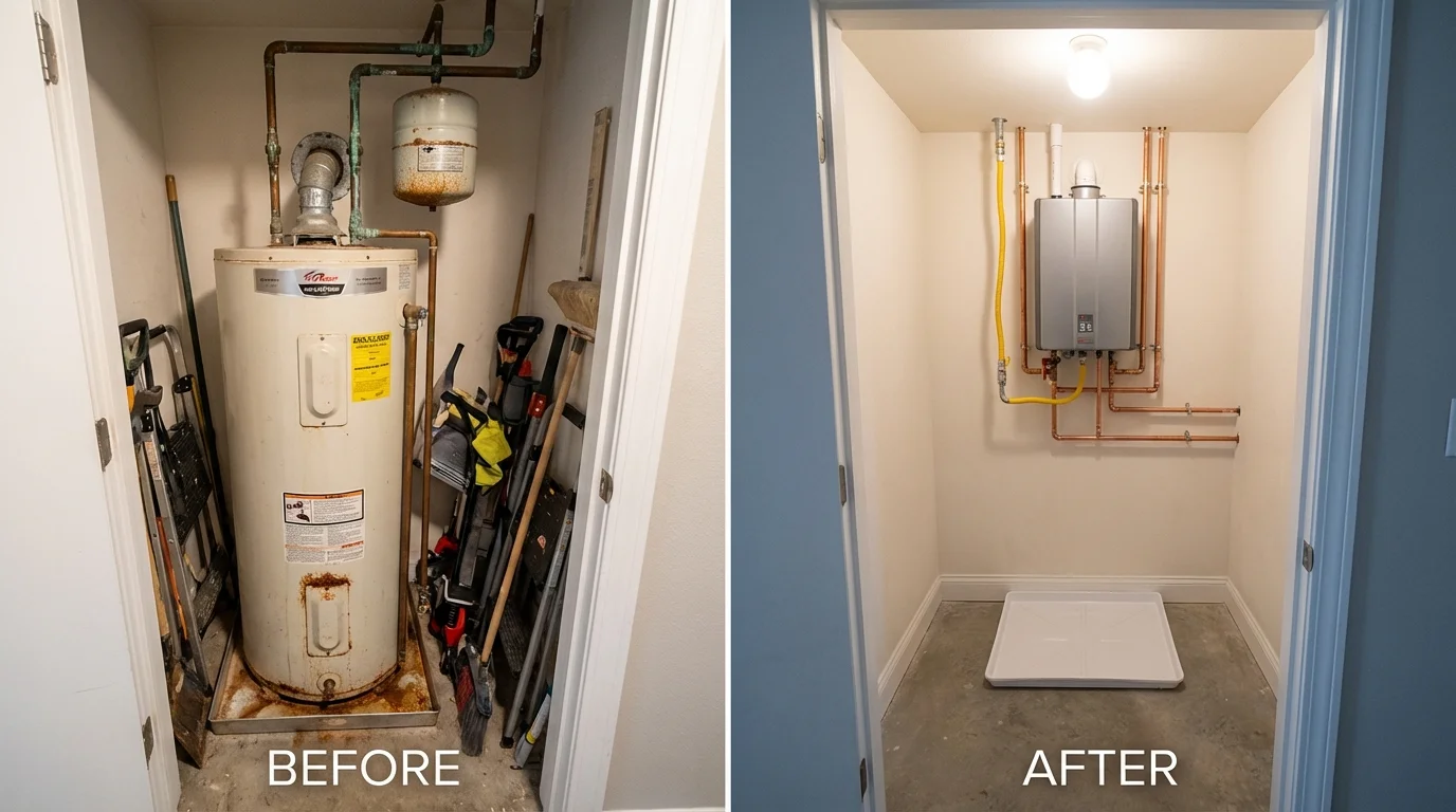 Tank water heater versus wall-mounted tankless unit comparison for Westfield, MA homeowners
