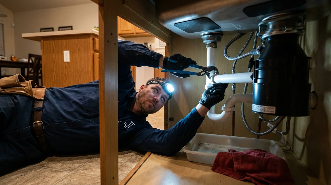 P-trap and supply line connections under a kitchen sink showing a common leak point in Westfield, MA
